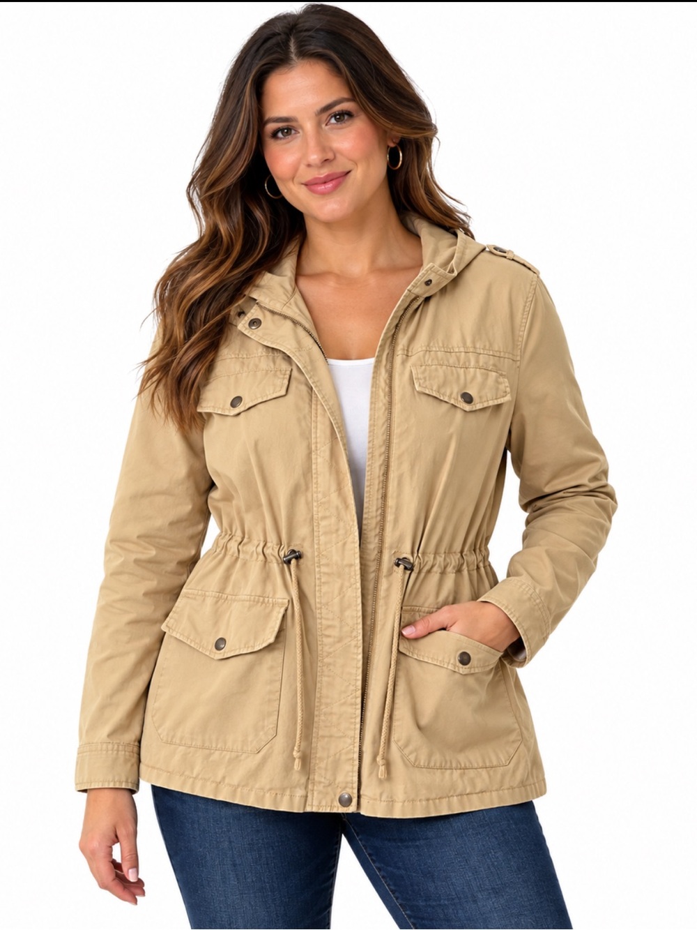 Forever 21+ Womens 3X Khaki Utility Jacket Hooded Cotton Field Cargo Coat